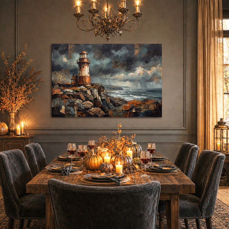 Tableau sur toile texturé représentant un phare rouillé sur une falaise rocheuse, idéal pour l'Halloween, H 12 po x l 18 po