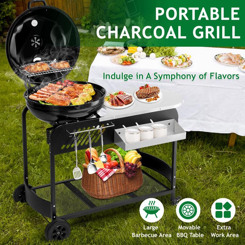 Kettle Charcoal Table Cart Grill With Shelves