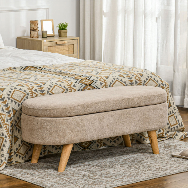 Storage Ottoman Bench, 43.3" Teddy Fleece Upholstered End Of Bed Bench With Wood Legs And Padded Seat, Oval Modern Entryway Bench, Beige