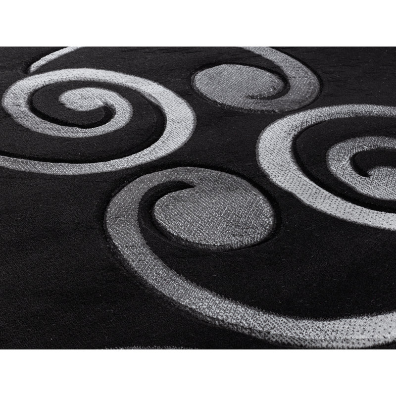 Tapis noir à motif abstrait Adonia, Rond 5 pi 2 po