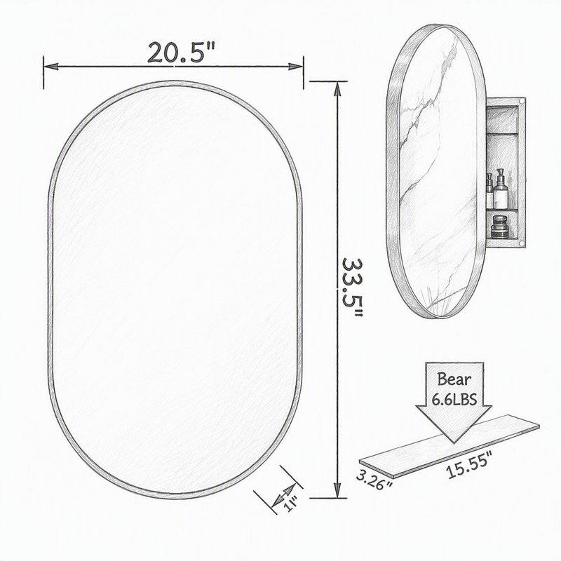 Pharmacie encastrable ovale 20 po x 34 po, Blanc