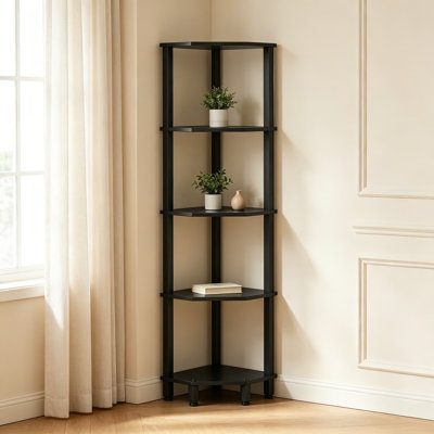 Étagère d'angle à 5 niveaux avec pieds réglables et dispositif anti-basculement pour salon, chambre, bureau et balcon - Bibliothèque verticale gain de place avec support de rangement robuste en bois