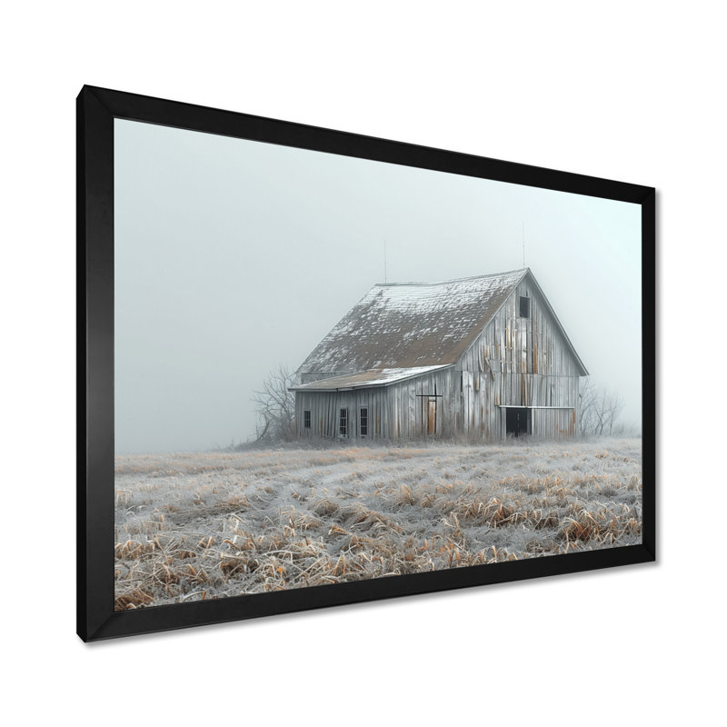 Gris, grange d'hiver moderne Marvel - salon d'art mural de grange, H 34 po x l 44 po x P 1,5 po, Toile encadrée noire simple