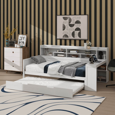 Wooden Twin-Size Daybed With Integrated Storage, Includes Twin Pull-Out Bed And Built-In Study Desk