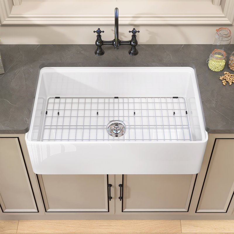 30"X20" Fireclay Farmhouse Apron Front Kitchen Sink With Deep Single Bowl Skirted Sink