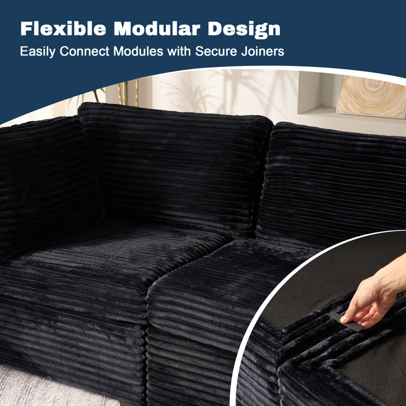 Canapé modulaire avec repose-pieds en tissu velours côtelé Hgo, Velours côtelé noir