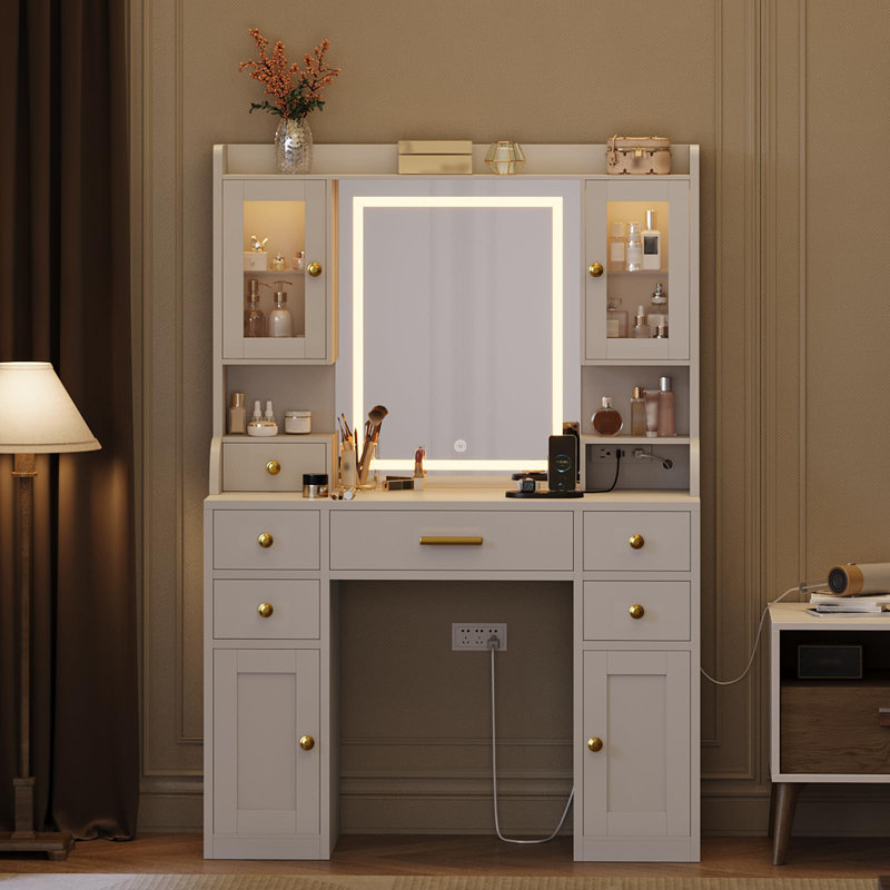 White Vanity Desk with Charging Station and LED Mirror, Large White and Gold Makeup Dressing Table, 3 Light Modes, 6 Drawers, Cabinet and Shelves