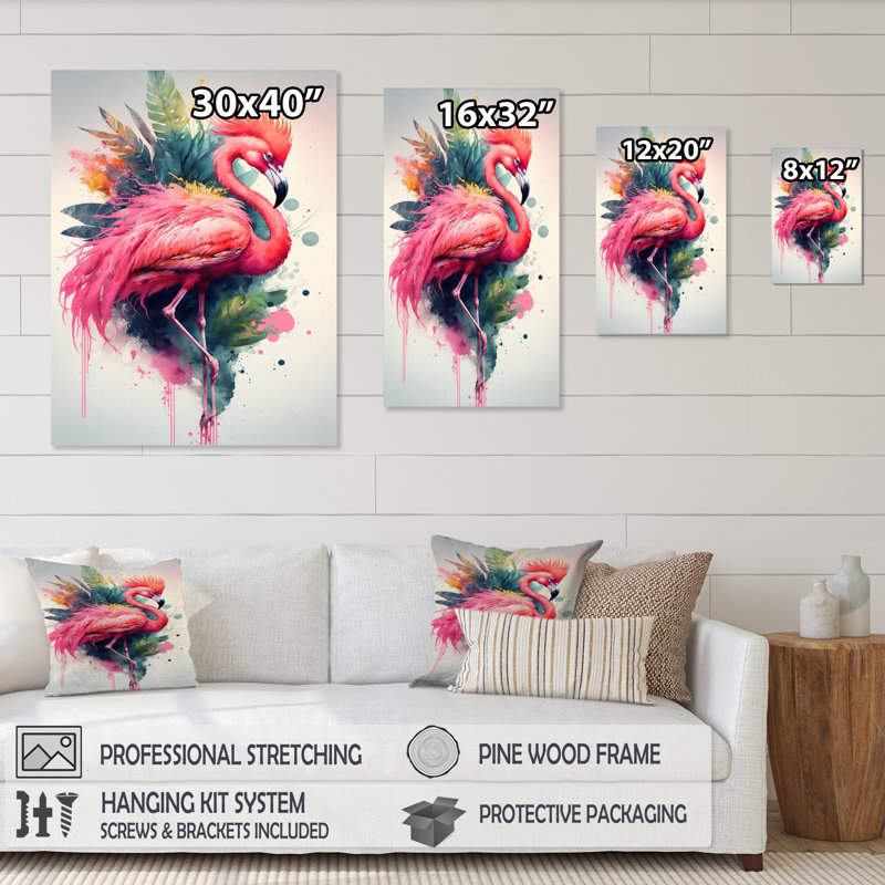 Adorables flamants roses, art floral IV - peinture sur toile, H 32 po x l 16 po x P 1 po, Toile tendue