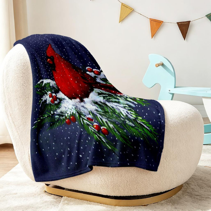 Jeté en flanelle rouge ultra doux, imprimé Cardinal Snowy Pine Bird, Throw 30" x 40"