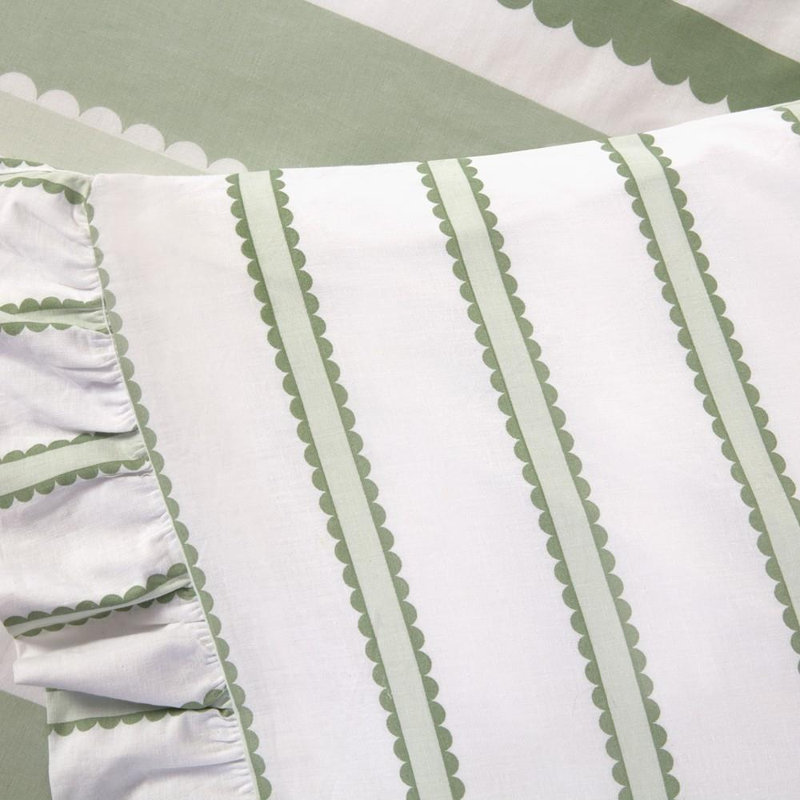 Maya Frilled Cotton Blend Striped Duvet Cover Set, Double, Green