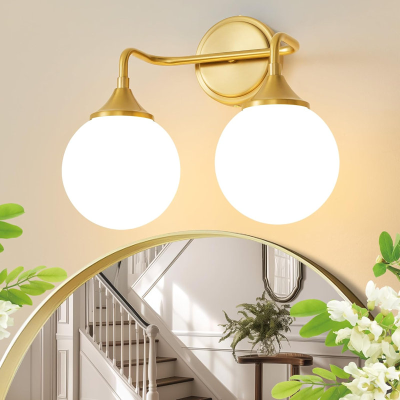 Modern Bathroom Light Fixture With Milky White Glass Shades, Mid Century Vanity Lighting Over Mirror, Wall Sconce 2-Light For Warm Ambiance