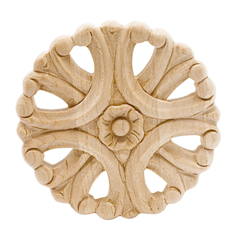 4 in x 1/2 in Unfinished Medium Hand Carved Solid Hard Maple Decorative Rosette Wood Applique