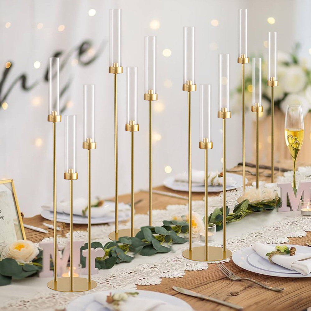 Everly Quinn 4pcs Gold Candelabra 3 Arm Taper Candle Holders With ...