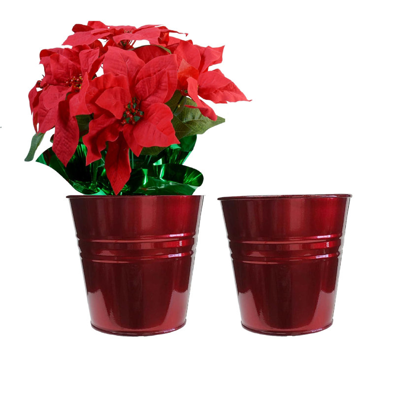Enameled Galvanized Steel Planter For 6.5" Plants. Set Of Two, Glossy Red