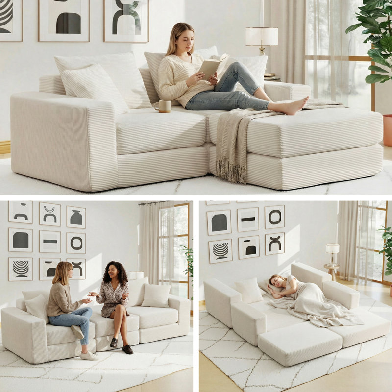 73" Cloud Modular Sectional Sofa, Comfy Compression Couch for Living Room, White