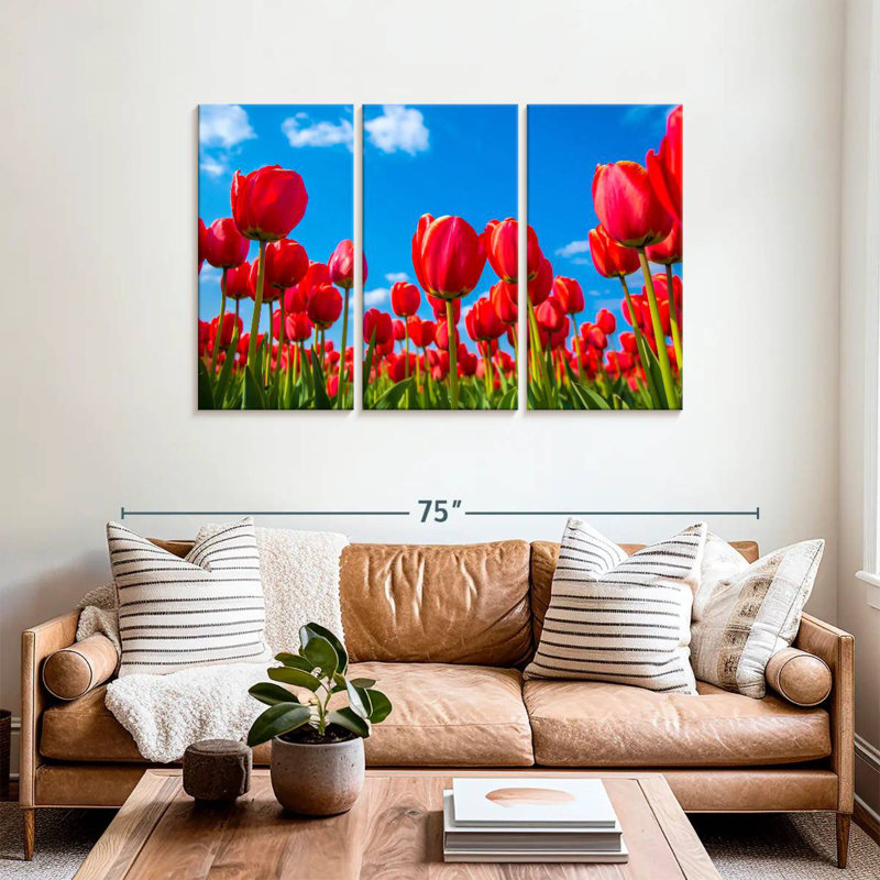 Harnek pré de tulipes rouges, H 36 po x l 57 po
