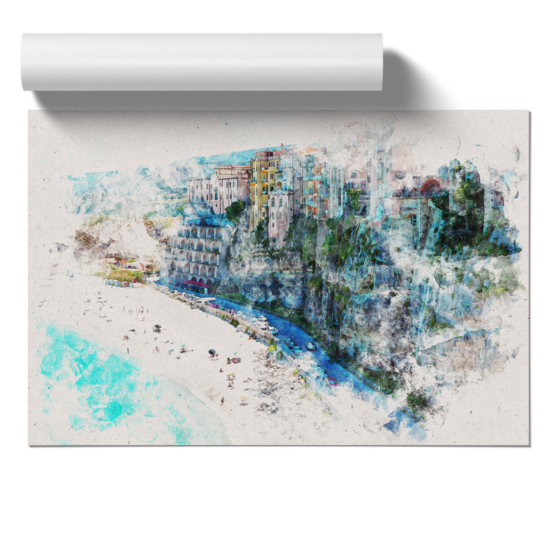 Tropea Beach in Italy Watercolour - Frameless Print, 59cm H x 84cm W x 0.1cm D