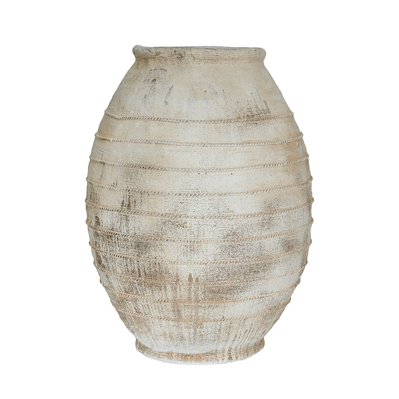 Large Magnesium Flower Pot With Weathered White Finish And Ridged Texture, 30.5" H x 22.4" W x 22.4" D