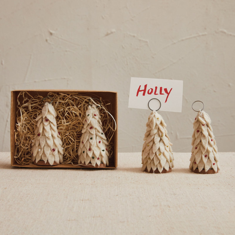 Handmade Felt Wool Christmas Tree Place Card/Photo Holders With Base And Paper Cards