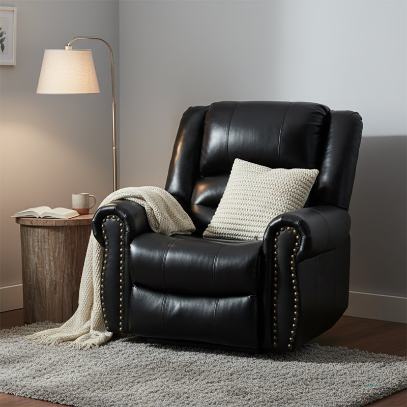 Vintage Power Leather Upholstered Recliner Chair with Lift Base and Massage Heating Function, Black Genuine Leather