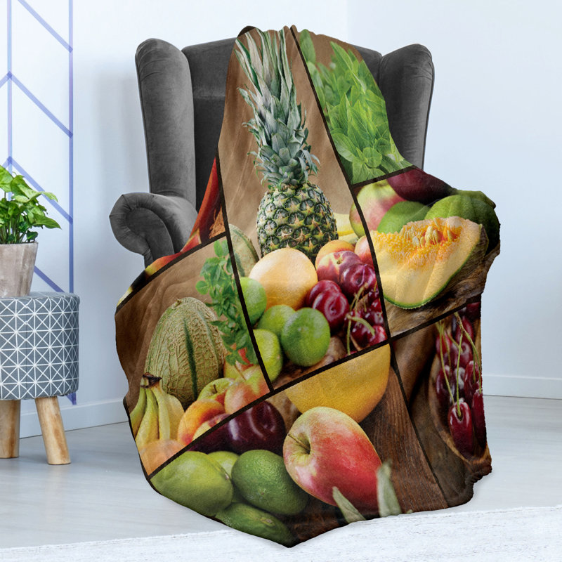 Ambesonne Colorful Fleece Throw Blanket Fruit Pineapple Cherry Multicolor, 50" W x 70" L