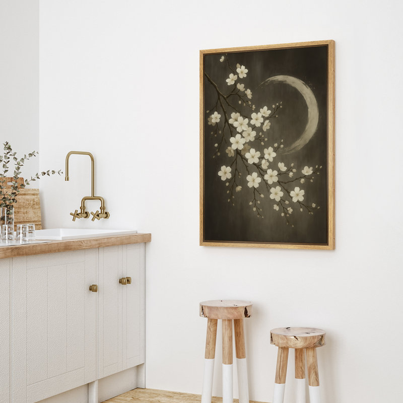 Art mural cerisier en fleurs et croissant de lune - Illustration florale foncée d'inspiration asiatique, décor botanique encadré élégant