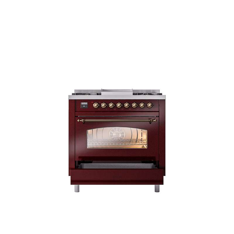 ILVE Nostalgie II 36 Dual Fuel Range, knobs, Burgundy/Bronze, Natural Gas