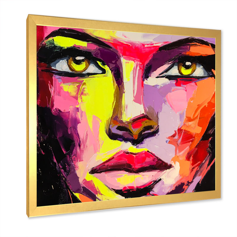 Portrait coloré d'une fille à la mode - sur, H 16 po x l 16 po x P 1 po, Encadrement doré
