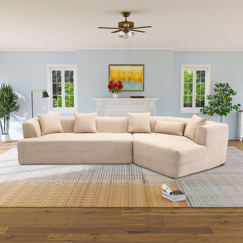 Temica Compression 128"W Boucle RAF Low Back Curved Vacuumed Sectional, Brown Boucle