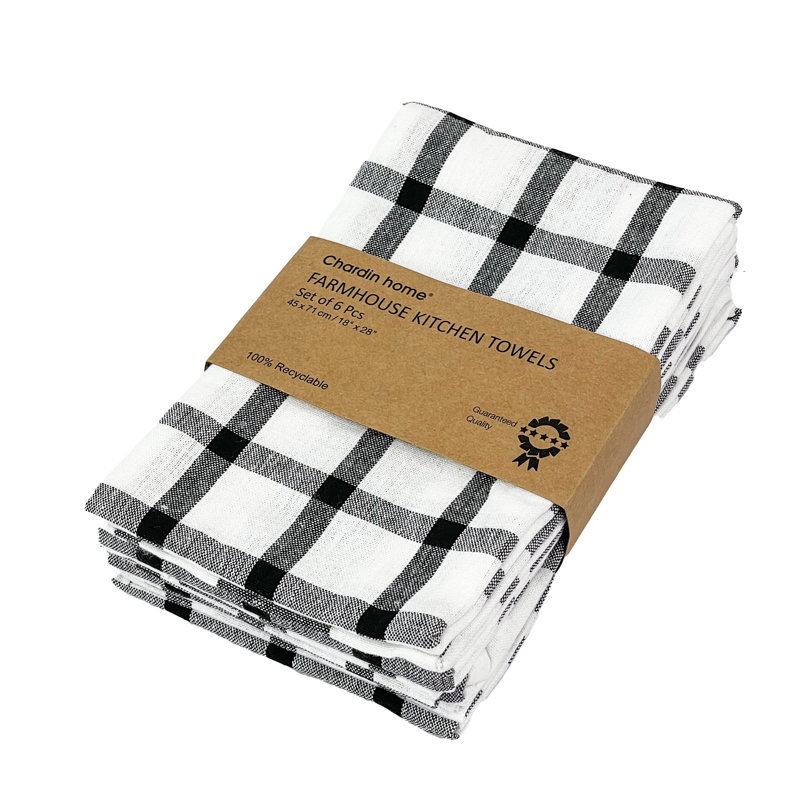 Cotton Plaid Jacquard Dish Cloth Kitchen Towel, Black/White