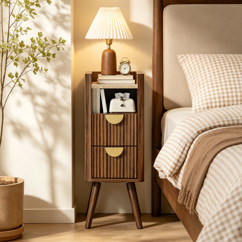 Table de chevet étroite moderne à 2 tiroirs avec rangement ouvert et table de chevet compacte en MDF pour chambre à coucher