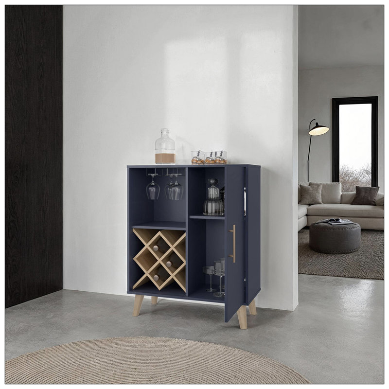 Armoire de bar H 38,6 po, 1 porte, 1 tiroir, 4 tablettes, bleu Alby / chêne naturel - salon
