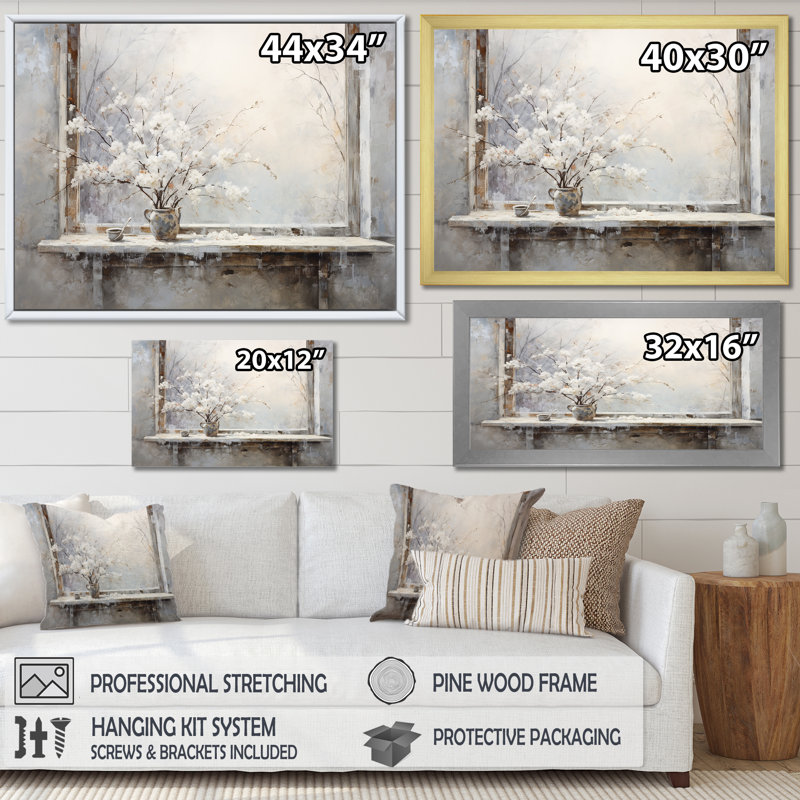 Neige près de l'hiver, vue de fenêtre 1 - Japon, art mural, Cadre doré à coins fermés, H 12 po x l 20 po x P 1 po