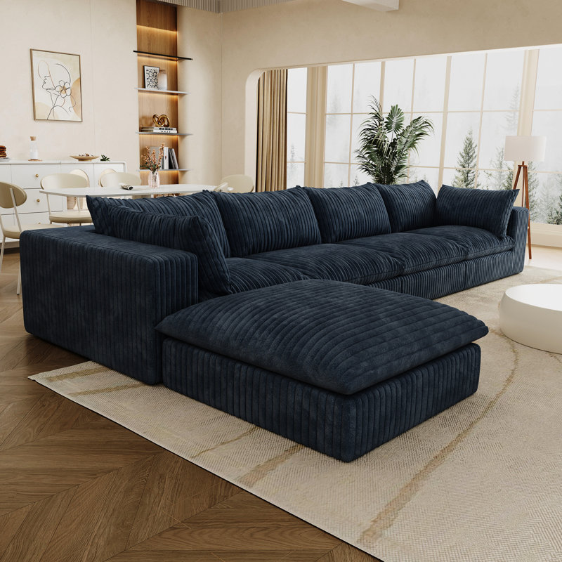 Canapé 157,5 po en velours côtelé bleu 157,6 po pour différents espaces, conception à deux couches, coussin amovible, sans assemblage, modulaire, siège confortable rembourré de plumes, doux avec une éponge, haute densité