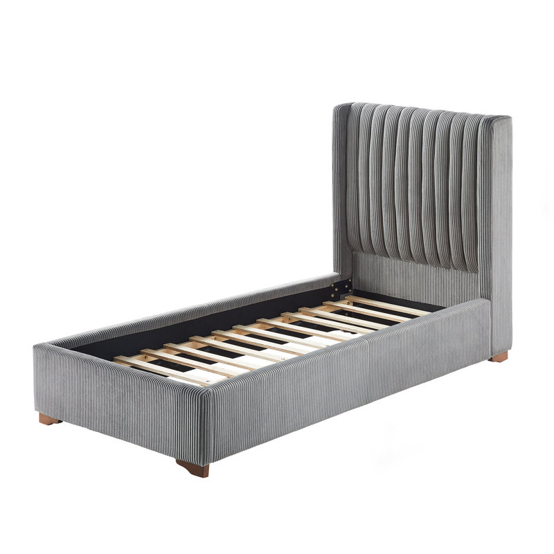 Twin Size Modern Bed Frame With Upholstered Headboard, Dark Grey Corduroy Upholstery, Wooden Slats Support, No Box Spring Needed, Ideal For Bedroom Use, Queen Bed Frame Platform Design