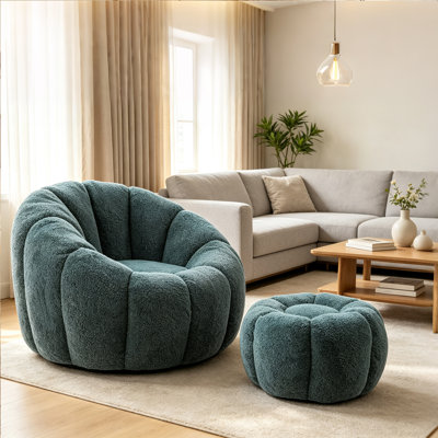 Green Teddy Foam Bean Bag Chair, Ergonomic Armrest Fluffy Lazy Sofa for Bedroom Dorm Game Room
