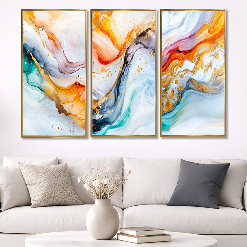 Encre, explosion de liquide - art mural abstrait 3 pièces, Cadre flottant doré, H 40 po x l 60 po