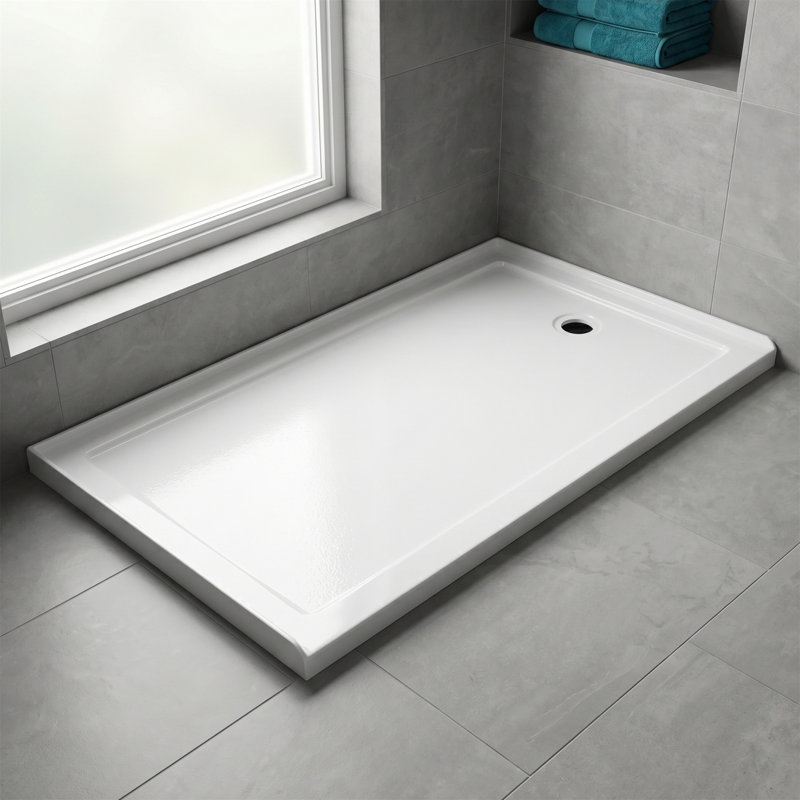 Base de douche en acrylique 60 po x 32 po (drain à droite), seuil bas, texture antidérapante, envers en fibre de verre, bride de carrelage intégrée, 12 anneaux de support en PVC