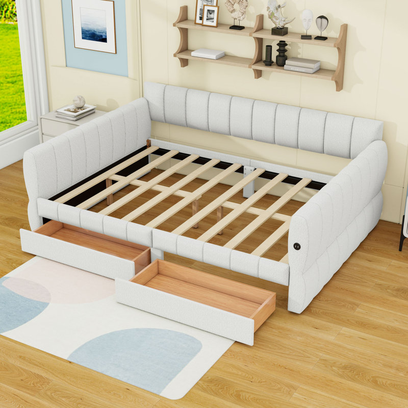 Queen Two Drawers Upholstered Platform Bed with USB, White