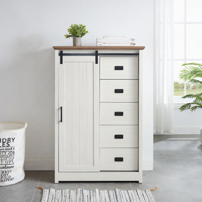 Commode de ferme Daneal avec 5 tiroirs, porte de grange coulissante et tablettes réglables