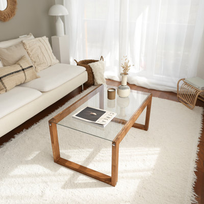 Table basse moderne, 100% bois de pin massif, avec une épaisseur de 0,24 po et un cadre 100% verre trempé, dimensions: 33,5 po x 15,7 po x 19,7 po | Design industriel élégant, parfait pour les salons et les espaces de fantaisie