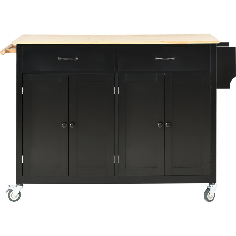 Kitchen Island Cart - Solid Wood Top, Black, 4 Door Cabinet, 2 Drawers, Spice Rack & Transportable Locking Top In Black Color, Towel Stable Caster