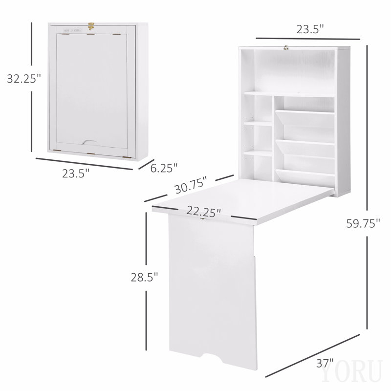 Bureau convertible mural pliable, bureau flottant multifonctionnel avec tablette de rangement pour bureau personnel, blanc
