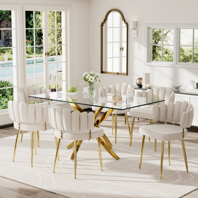 Ensemble de table de salle à manger rectangulaire moderne en verre avec chaises en velours