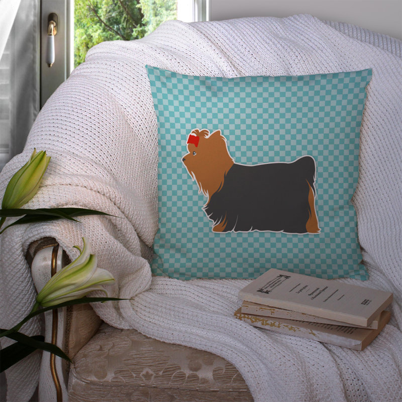 Coussin intérieur / extérieur Yorkshire Terrier, H 14 po x l 14 po x P 3 po, Noir / Bleu
