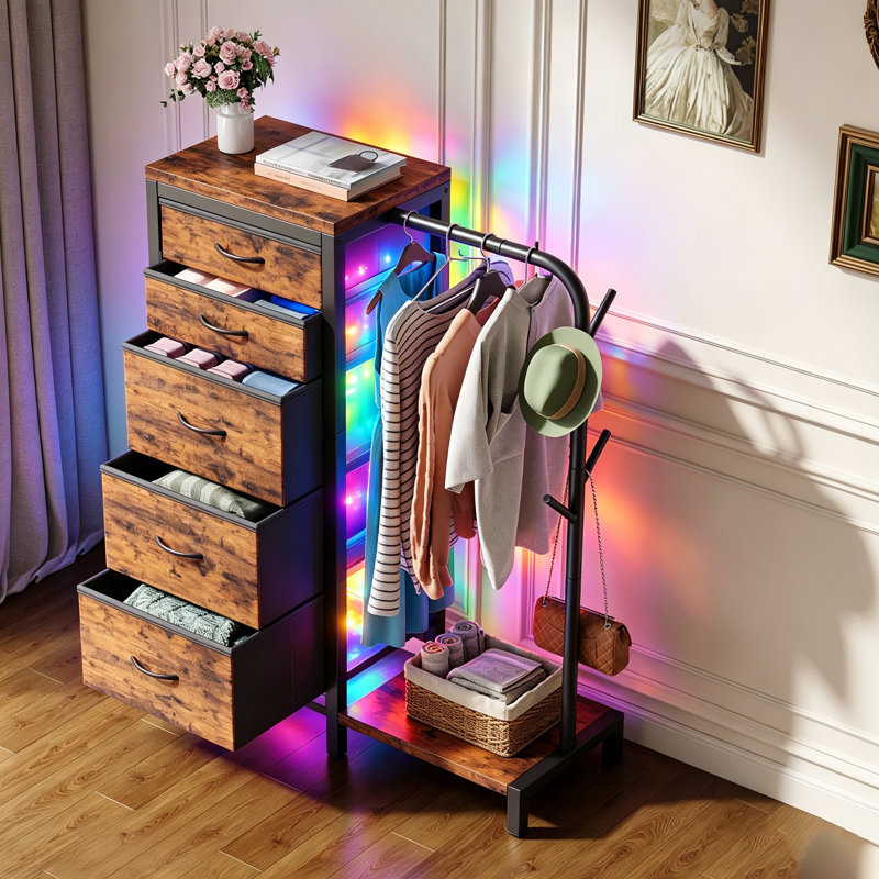 Commode 5 tiroirs avec support à chaussures et penderie, grande commode en tissu sans station de charge et lumières DEL pour la chambre à coucher, le placard, le vestibule