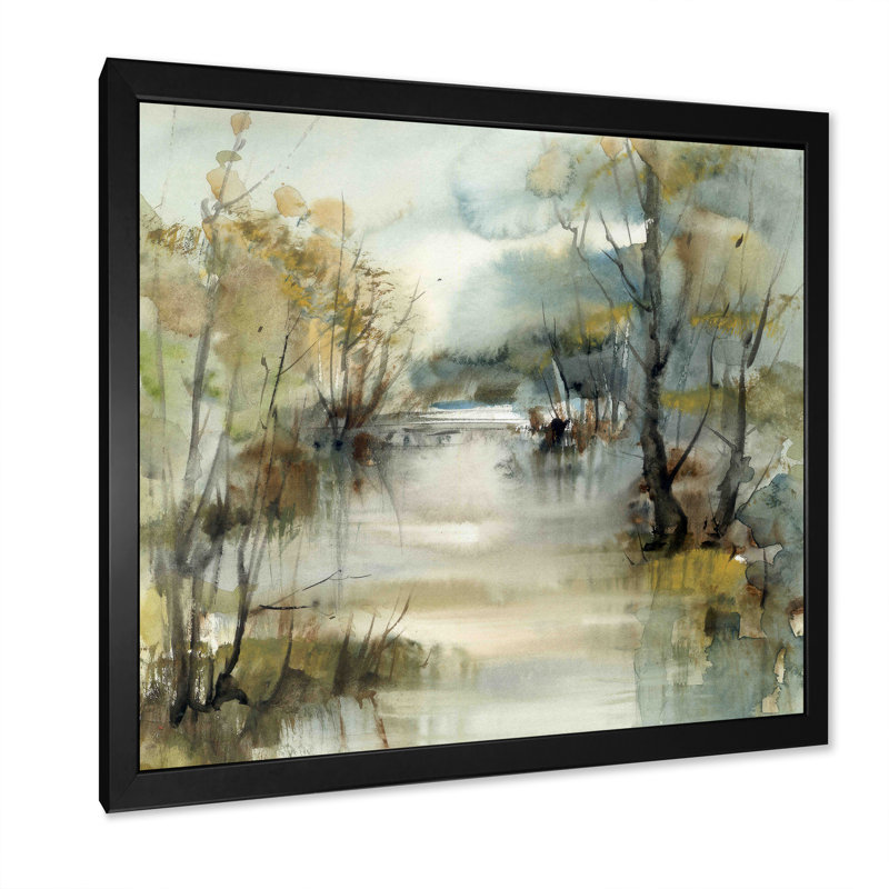 Winter River Landscape Illustration - Paysages, art mural, Impression encadrée, H 36 po x l 36 po, Noir