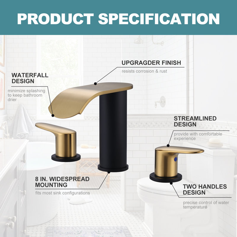 Widespread 2-handle Bathroom Faucet with Drain Assembly, Black/Gold