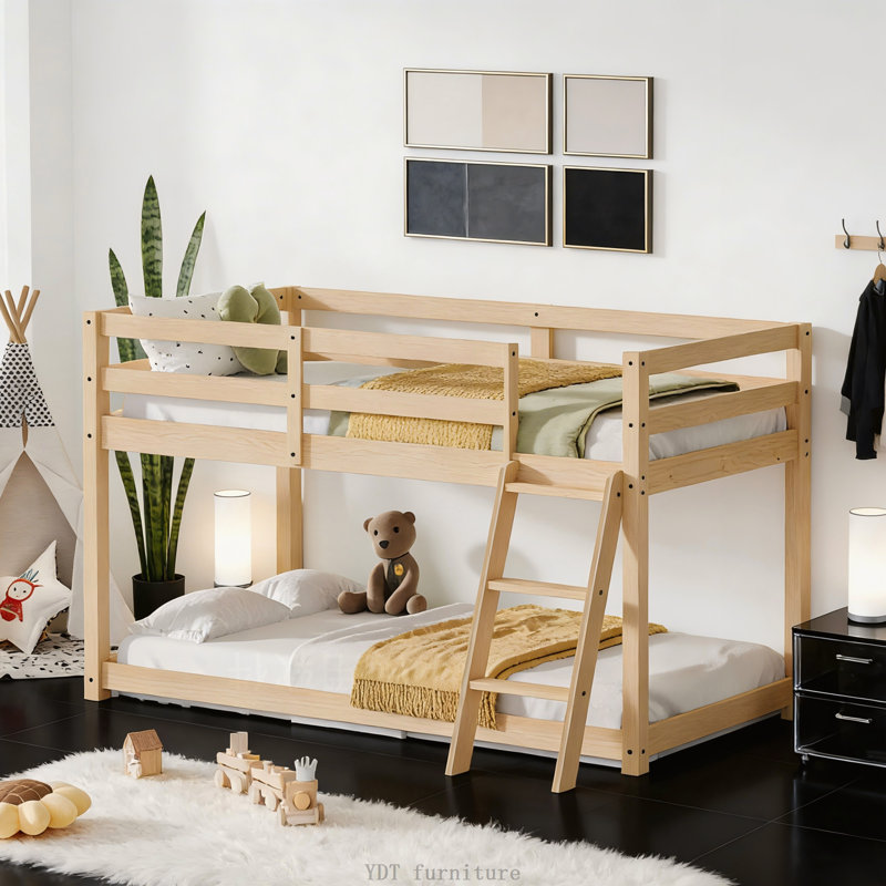 Oak Kids Twin Low Loft Bed with LED Lights, Convertible to Bunk Bed, Oak