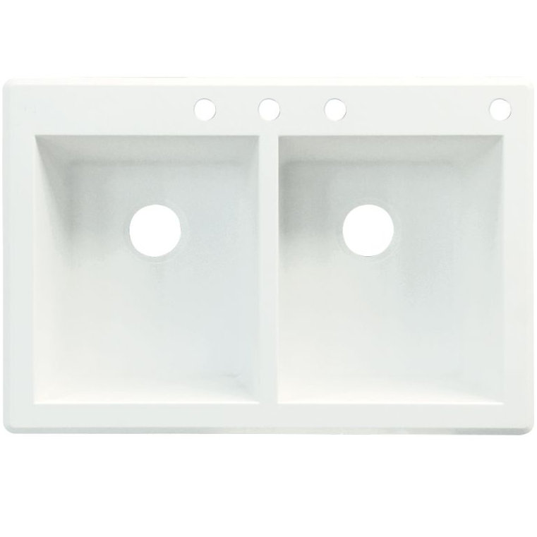 Radius 33.0625'' L Double Bowl Granite Kitchen Sink, White, 4 hole